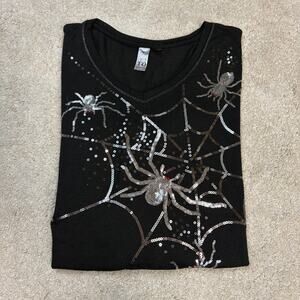Thomas & Olivia Silver Sequins Spider Web Black V-Neck Sweater Size 2X